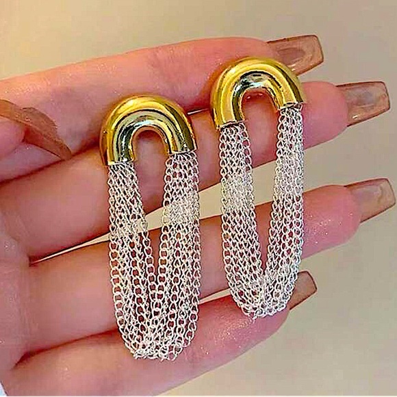 Gold Silver Chain Link Dangle Earrings Punk Retro Minimalist - Picture 9 of 10
